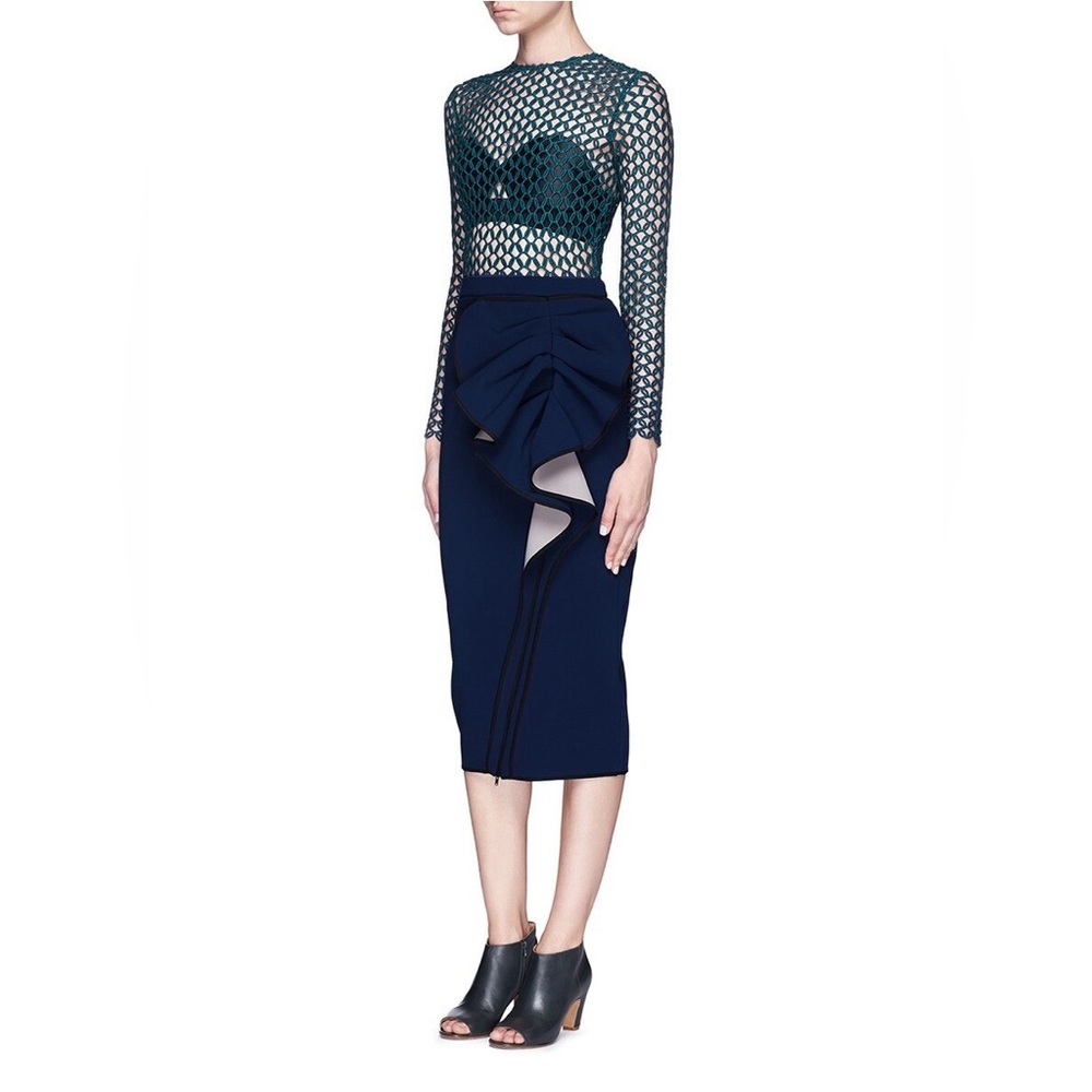 Self-Portrait Teal & Navy Blue Longsleeve Midi Cocktail Dress 2
